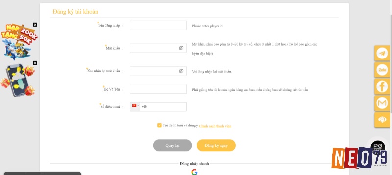 Giao diện đăng ký tài khoản tại nhà cái NEO79